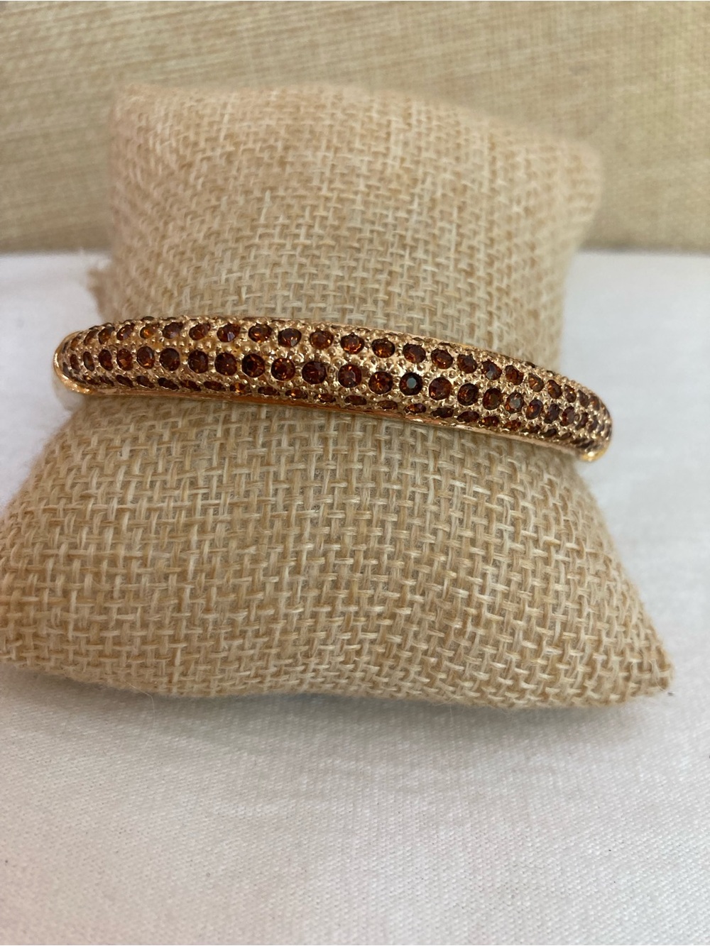 Garnet Colored Rhinestones Hinged Bangle Bracelet Gold Tone